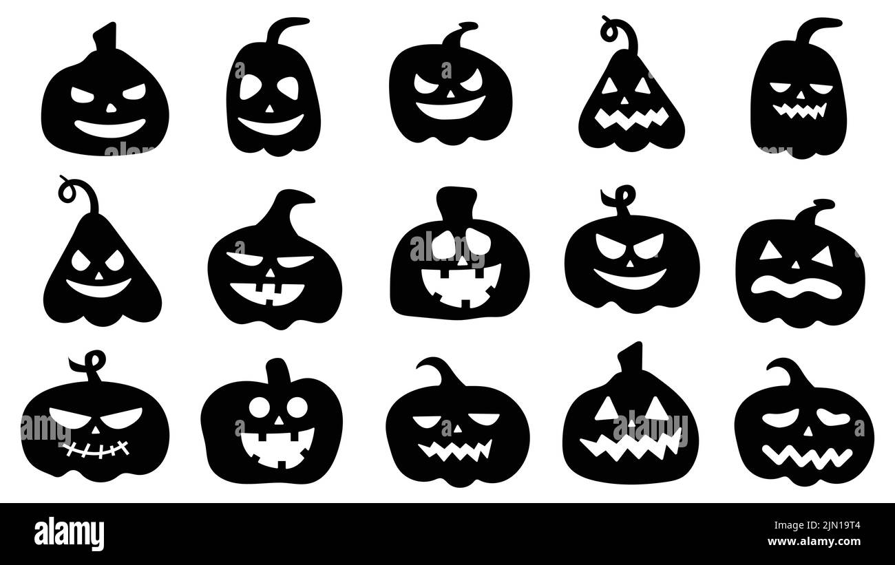 Silhouettes de citrouilles avec différentes expressions du visage sculptées. Personnage de dessin animé de citrouille d'Halloween. Icônes noires de citrouilles avec des émotions. Vecteur Illustration de Vecteur