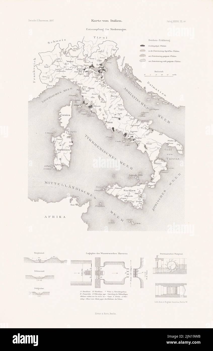 N.N., Disassemisation des basses terres en Italie avec les travaux nautiques Marozzo. (De : Atlas au magazine for Building, éd. V.F. Endell, JG. 37, 1887) (1887-1887): plan du site, coupures, détails. Lithographie sur papier, 45,5 x 29,6 cm (y compris les bords de numérisation) N.N. : Entsumpfung der Niederungen in Italien mit Wasserwerk Marozzo. (AUS: Atlas zur Zeitschrift für Bauwesen, hrsg. V. F. Endell, JG. 37, 1887) Banque D'Images