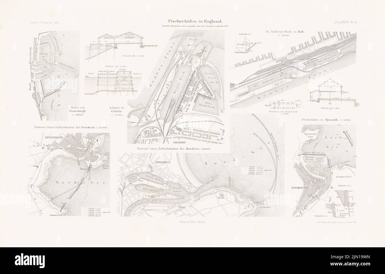 N.N., ports de pêche en Angleterre. (De : Atlas au magazine for Building, éd. V.F. Endell, JG. 37, 1887) (1887-1887) : plans, plan de plancher, coupures. Lithographie sur papier, 29,3 x 45,7 cm (y compris les bords de numérisation) N.N. : Fischerhäfen en Angleterre. (AUS: Atlas zur Zeitschrift für Bauwesen, hrsg. V. F. Endell, JG. 37, 1887) Banque D'Images