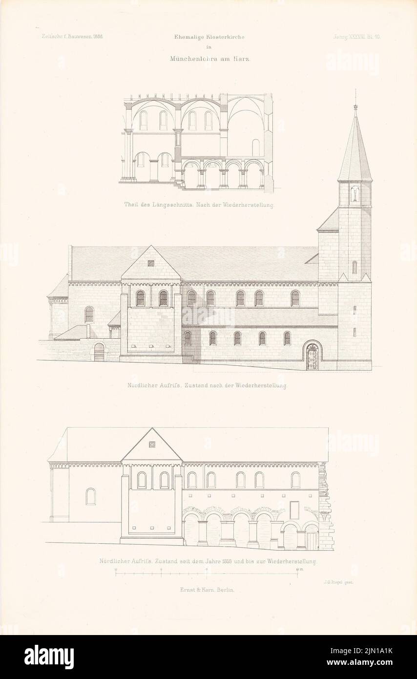 Schäfer Carl (1844-1908), Église de Munichlohra. (De : Atlas au magazine for Building, éd. V. G. Erbkam, JG. 38, 1888) (1888-1888): Vues du nord, section longitudinale. Couture sur papier, 45,7 x 30 cm (y compris les bords de balayage) Schäfer Carl (1844-1908): Kirche, Münchenlohra. (AUS: Atlas zur Zeitschrift für Bauwesen, hrsg. V. G. Erbkam, JG. 38, 1888) Banque D'Images