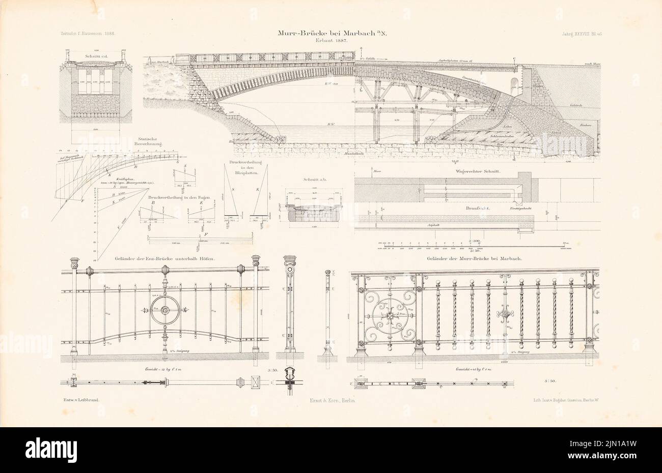 Leibbrand, Murrbrücke, Marbach. (De : Atlas au magazine for Building, éd. V. G. Erbkam, JG. 38, 1888) (1888-1888): plan d'étage, vue, coupes, détails, graphique. Lithographie sur papier, 29,8 x 46,1 cm (y compris les bords de balayage) Leibbrand Karl von (1839-1898): Murrbrücke, Marbach. (AUS: Atlas zur Zeitschrift für Bauwesen, hrsg. V. G. Erbkam, JG. 38, 1888) Banque D'Images