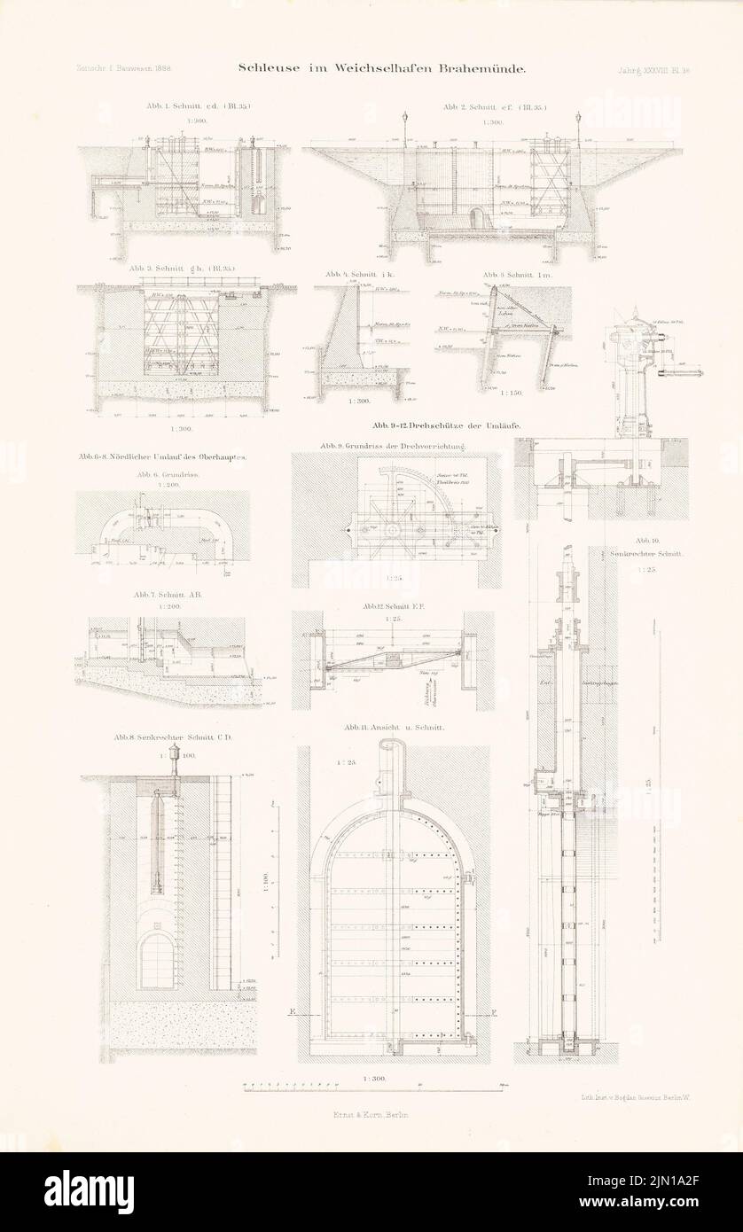 N.N., écluse près de Brahemünde. (De : Atlas au magazine for Building, éd. V. G. Erbkam, JG. 38, 1888) (1888-1888): Schninte Schleuse. Lithographie sur papier, 45,8 x 29,6 cm (y compris les bords de numérisation) N.N. : Schleuse, Brahemünde. (AUS: Atlas zur Zeitschrift für Bauwesen, hrsg. V. G. Erbkam, JG. 38, 1888) Banque D'Images