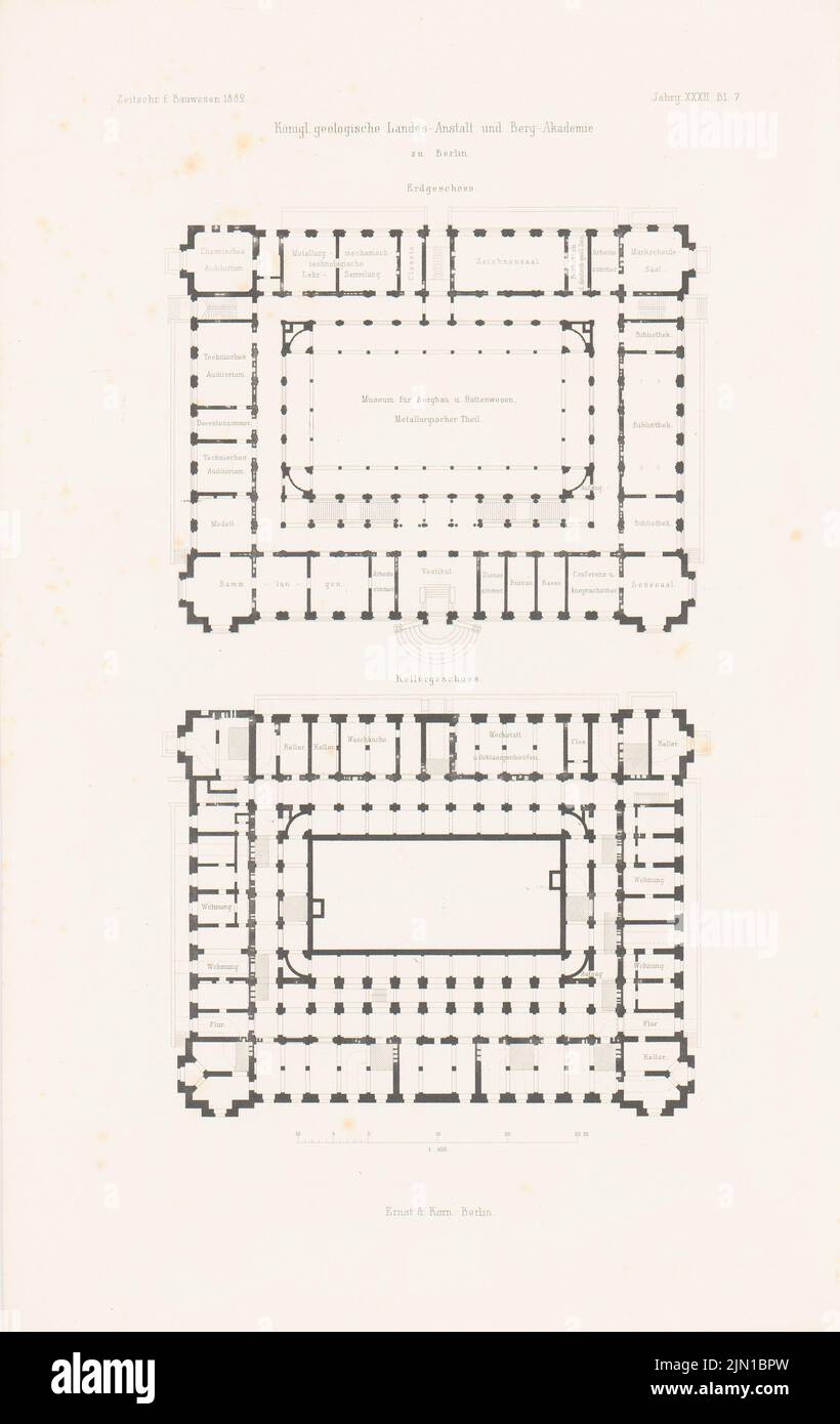 N.N., Institut géologique royal de l'État et Bergakademie, Berlin. (De : Atlas au magazine for Building, éd. V. G. Erbkam, JG. 32, 1882) (1882-1882): Grundliss Keller, EG. Pression sur le papier, 45,4 x 28,6 cm (y compris les bords de balayage) Tiede August (1834-1911): Königlich Geologische Landesanstalt und Bergakademie, Berlin. (AUS: Atlas zur Zeitschrift für Bauwesen, hrsg. V. G. Erbkam, JG. 32, 1882) Banque D'Images