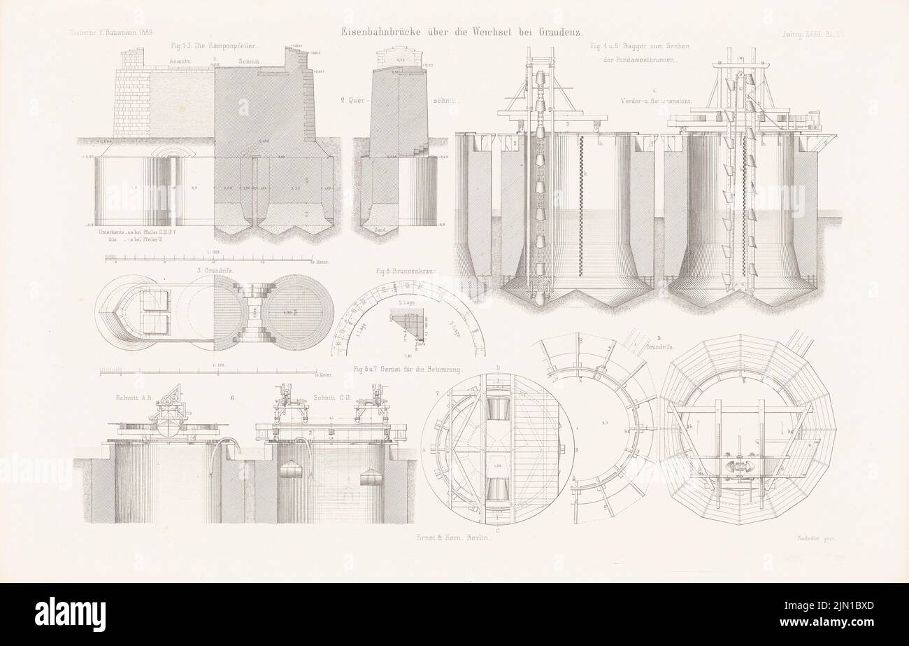 N.N., pont Vistule près de Graudenz. (De: Atlas au magazine for Building, éd. V. G. Erbkam, né en 32, 1882) (1882-1882): Détails pilier, pelle hydraulique, béton. Pression sur le papier, 29,4 x 45,9 cm (y compris les bords de numérisation) N. : Weichselbrücke, Graudenz. (AUS: Atlas zur Zeitschrift für Bauwesen, hrsg. V. G. Erbkam, JG. 32, 1882) Banque D'Images