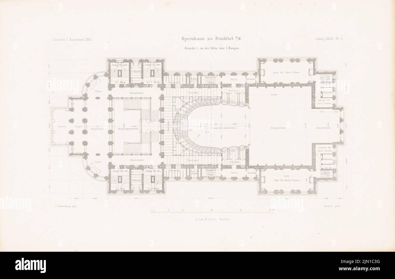 Lucae Richard (1829-1877), Nouveau théâtre (Opéra) à Francfort-sur-le-main. (De : Atlas au magazine for Building, éd. V. L.V., TIEDEMANN, JG. 33, 1883) (1883-1883): 1st place. Pression sur le papier, 29,1 x 45,5 cm (y compris les bords de numérisation) Lucae Richard (1829-1877): Neues Theatre (Oper), Francfort-sur-le-main. (AUS: Atlas zur Zeitschrift für Bauwesen, hrsg. V. L.v.Tiedemann, JG. 33, 1883) Banque D'Images