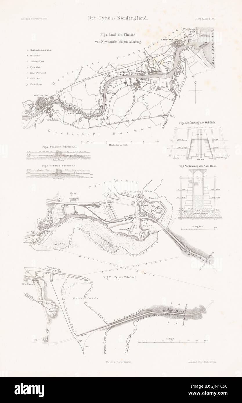 N.N., le Tyne dans le nord de l'Angleterre. (De : Atlas au magazine for Building, éd. V. L.V., TIEDEMANN, JG. 33, 1883) (1883-1883): Plans de site, coupures. Lithographie sur papier, 45,1 x 29 cm (y compris les bords de numérisation) N.N. : Der Tyne dans le Nordengland. (AUS: Atlas zur Zeitschrift für Bauwesen, hrsg. V. L.v.Tiedemann, JG. 33, 1883) Banque D'Images