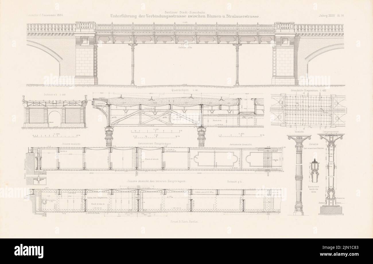 N.N., passage inférieur de la route de liaison entre Blumen- und Straluer Straße, Berlin. (De : Atlas au magazine for Building, éd. V. G. Erbkam, JG. 34 (1884-1884): plan d'étage, vue, coupes, détails. Couture sur papier, 29,3 x 45,9 cm (y compris Scan edges ) N.N. : Unterführung der Verbindungsstraße zwischen Blumen- und Stralauer Straße, Berlin. (AUS: Atlas zur Zeitschrift für Bauwesen, hrsg. V. G. Erbkam, JG. 34, 1884) Banque D'Images