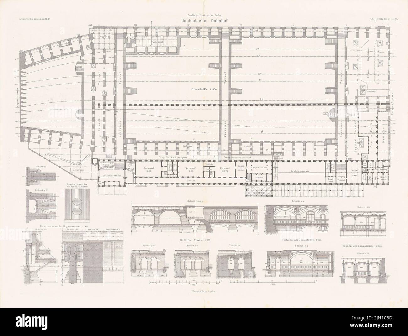 N.N., gare de Silésie, Berlin. (De : Atlas au magazine for Building, éd. V. G. Erbkam, JG. 34, 1884.) (1884-1884): plan d'étage, coupes, détails. Coudre sur du papier, 45,5 x 60,3 cm (y compris les bords de numérisation) N. : Schlesischer Bahnhof, Berlin. (AUS: Atlas zur Zeitschrift für Bauwesen, hrsg. V. G. Erbkam, JG. 34, 1884) Banque D'Images