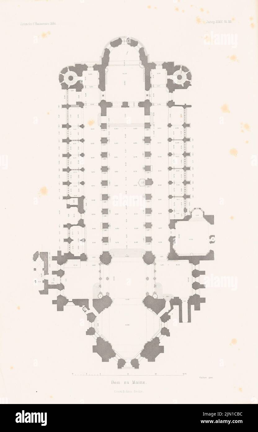 N.N., cathédrale de Mayence. (De : Atlas au magazine for Building, éd. V. G. Erbkam, JG. 34, 1884.) (1884-1884): Grundliss. Couture sur papier, 45,2 x 28,9 cm (y compris les bords de balayage) Cuypers Petrus Josephus Hubertus (1827-1921): Dom, Mayence. (AUS: Atlas zur Zeitschrift für Bauwesen, hrsg. V. G. Erbkam, JG. 34, 1884) Banque D'Images