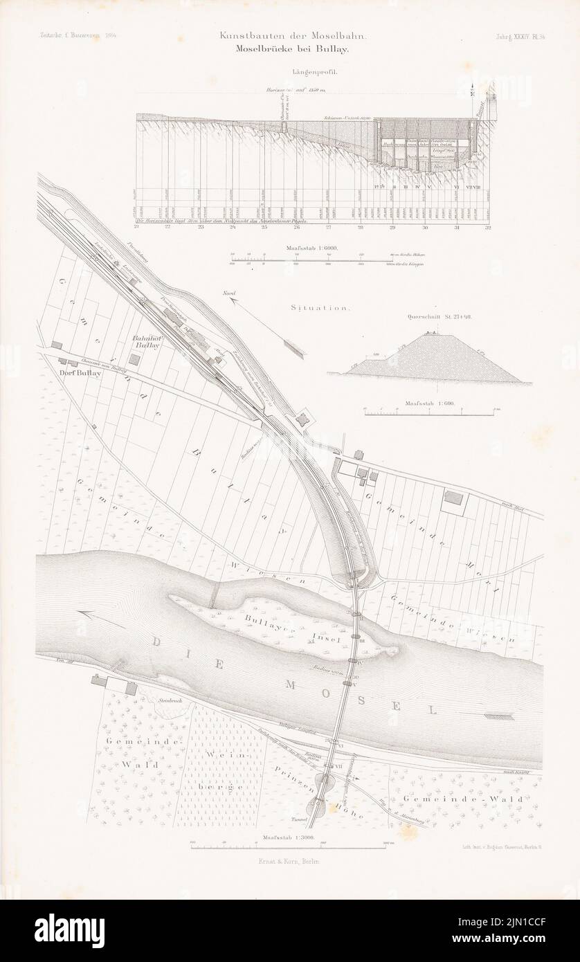 N.N., Pont de la Moselle, Bullay. (De : Atlas au magazine for Building, éd. V. G. Erbkam, JG. 34, 1884.) (1884-1884): Plan du site, coupures. Lithographie sur papier, 45,9 x 29,6 cm (y compris les bords de numérisation) N.N. : Moselbrücke, Bullay. (AUS: Atlas zur Zeitschrift für Bauwesen, hrsg. V. G. Erbkam, JG. 34, 1884) Banque D'Images