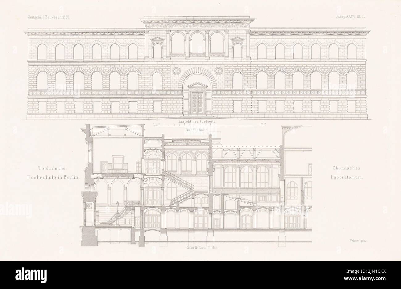 N.N., Université technique, Berlin-Charlottenburg. (De : Atlas au magazine for Building, éd. V. L.v.tiemann, JG. 36, 1886) (1886-1886) : vue du nord, coupe transversale. Coudre sur du papier, 29,6 x 45,4 cm (y compris les bords de numérisation) N. : Technische Hochschule Berlin. (AUS: Atlas zur Zeitschrift für Bauwesen, hrsg. V. L.v.Tiedemann, JG. 36, 1886) Banque D'Images