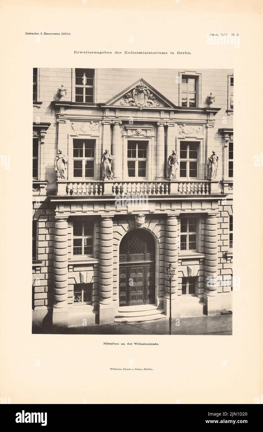 Kieschke Paul (1851-1905), Ministère prussien de la Culture de Berlin. (De : Atlas à la revue for Building, éd. V. Ministry of public Work, JG. 54, 1904) (1904-1904): Voir Mittelbau de Wilhelmstrasse. Pression sur papier, 45,6 x 29,7 cm (y compris les bords de balayage) Kieschke Paul (1851-1905): Preußisches Kultusministerium Berlin. (AUS: Atlas zur Zeitschrift für Bauwesen, hrsg. V. Ministerium der öffentlichen Arbeiten, JG. 54, 1904) Banque D'Images