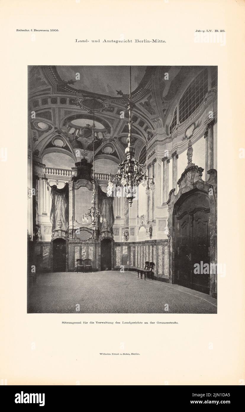 Schmalz Otto (1861-1906), District court I et District court I, Berlin-Mitte. (De : Atlas à la revue for Building, éd. V. Ministry of public Work, JG. 55, 1905) (1905-1905): Salle de séance avec vue intérieure. Pression sur papier, 46,1 x 29,4 cm (y compris les bords de balayage) Schmalz Otto (1861-1906): Landgericht i und Amtsgericht I, Berlin-Mitte. (AUS: Atlas zur Zeitschrift für Bauwesen, hrsg. V. Ministerium der öffentlichen Arbeiten, JG. 55, 1905) Banque D'Images