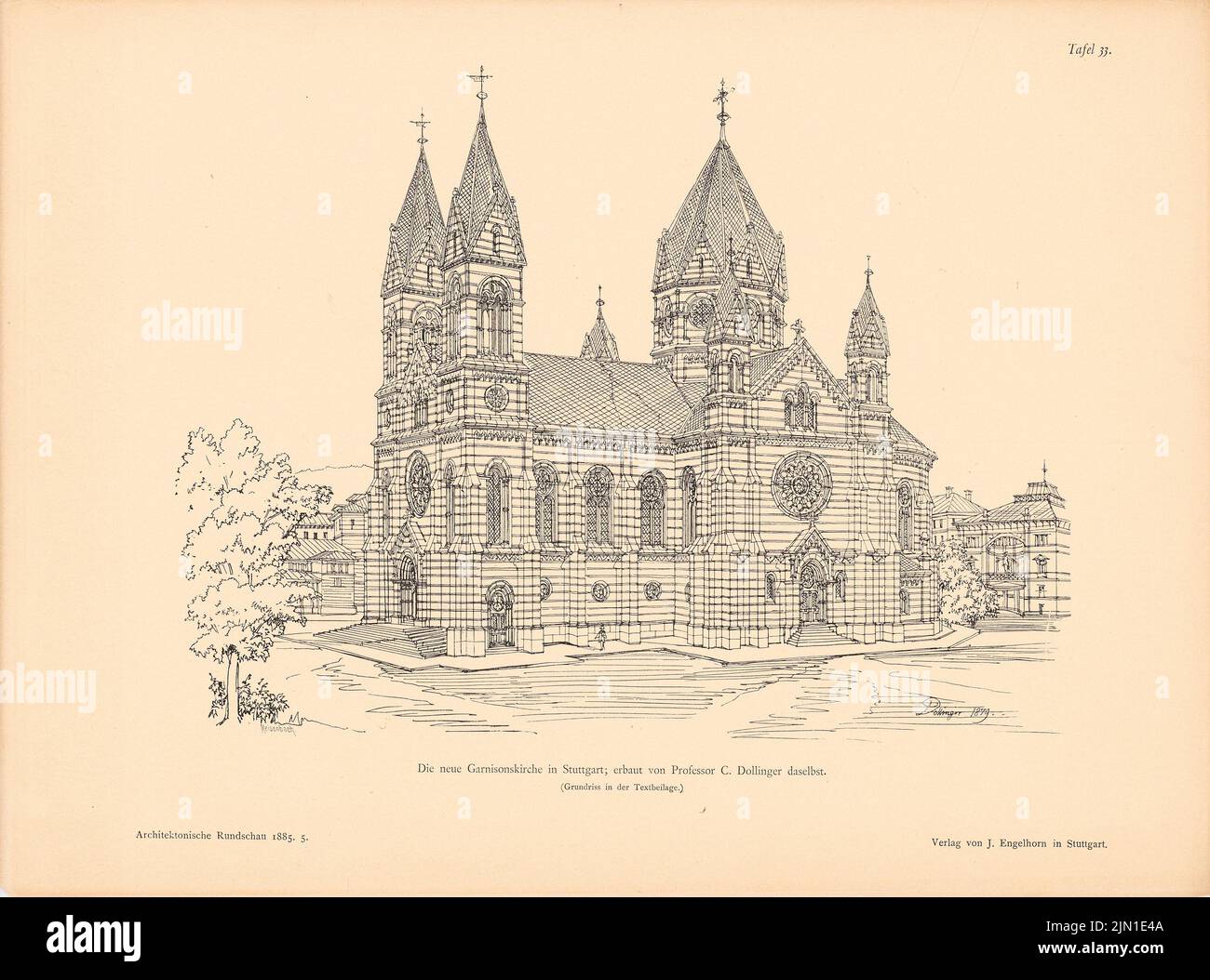 Dollinger Conrad (1840-1925), Garrisonskirche, Stuttgart. (Depuis : l'architecte. Rundschau, éd. V. Eisenlohr & Weigle, 1885) (1885-1885): Perspective View. Pression sur le papier, 28,8 x 38,8 cm (y compris les bords de numérisation) Dollinger Conrad (1840-1925): Garnisonskirche, Stuttgart. (AUS : archiekt. Rundschau, hrsg.v. Eisenlohr & Weigle, 1885) Banque D'Images