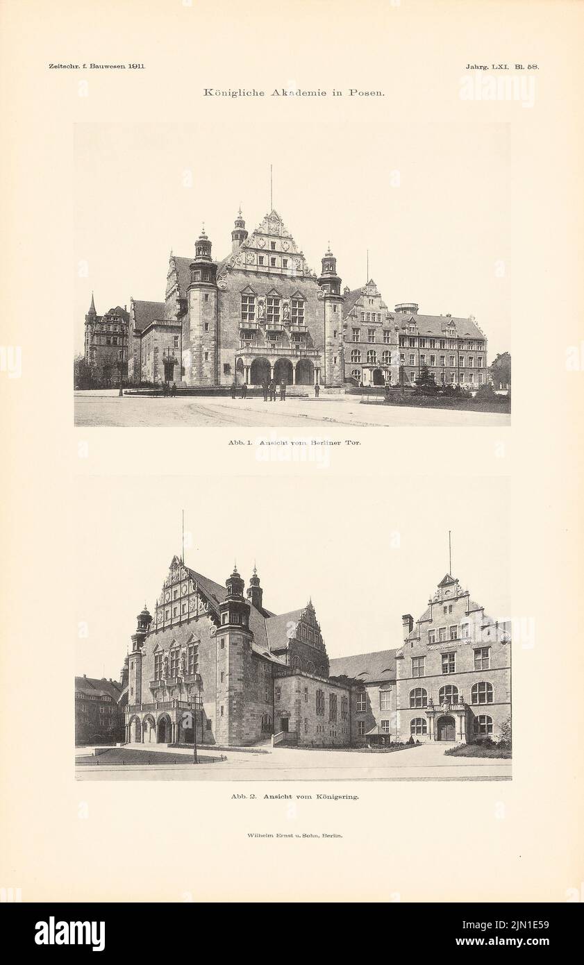 Fürstenau Eduard August Wilhelm (1862-1938), Académie royale de Poznan. (De : Atlas à la revue for Building, éd. V. Ministry of public Work, JG. 61, 1911) (1911-1911): Vue sur la porte de Berlin, vue de la Königssring. Pression sur le papier, 46 x 29,8 cm (y compris les bords de numérisation) Fürstenau Eduard August Wilhelm (1862-1938): Königliche Akademie, Posen. (AUS: Atlas zur Zeitschrift für Bauwesen, hrsg. V. Ministerium der öffentlichen Arbeiten, JG. 61, 1911) Banque D'Images