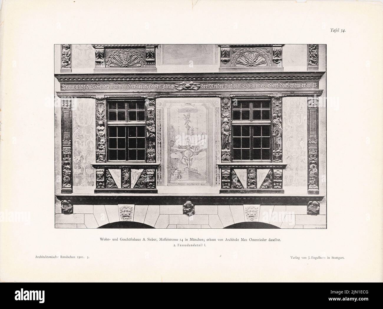 Ostenrieder Max, bâtiment résidentiel et commercial A. Sieber, Maffeistrasse 14, Munich. (Depuis : l'architecte. Rundschau, Ed. Pression légère sur papier, 28,9 x 39,1 cm (y compris les bords de balayage) Ostenrieder Max : Wohn- und Geschäftshaus A. Sieber, Maffeistraße 14, München. (AUS : archiekt. Rundschau, hrsg.v. Eisenlohr & Weigle, 1901) Banque D'Images