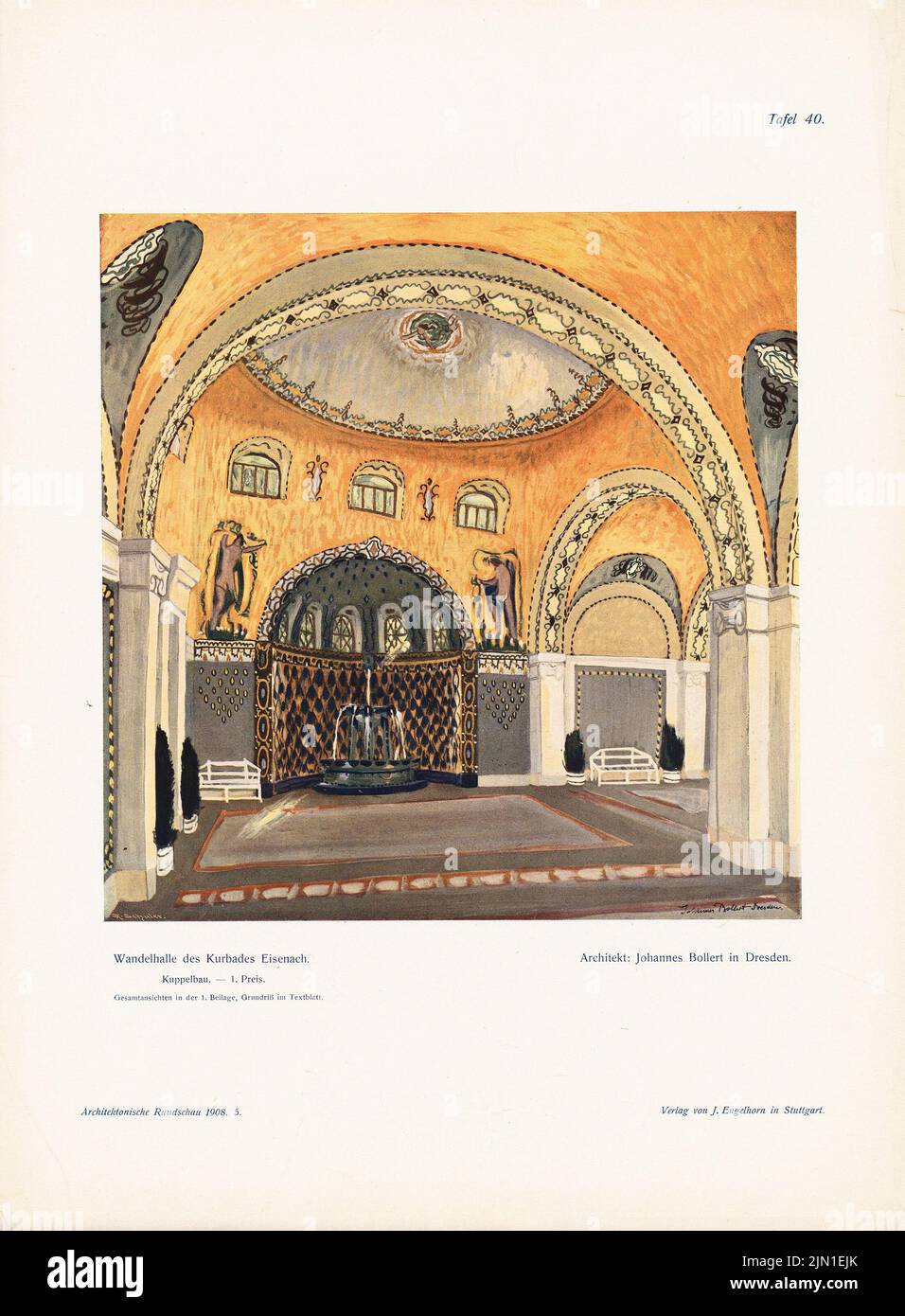 Bollert Johannes, salle convertible du spa, Eisenach. (Depuis : l'architecte. Rundschau, éd. V. Eisenlohr & Weigle, 1908) (1908-1908): Perspectives. Impression couleur sur papier, 38,7 x 28,5 cm (y compris les bords de numérisation) Bollert Johannes : Wandelhalle des Kurbades, Eisenach. (AUS : archiekt. Rundschau, hrsg.v. Eisenlohr & Weigle, 1908) Banque D'Images