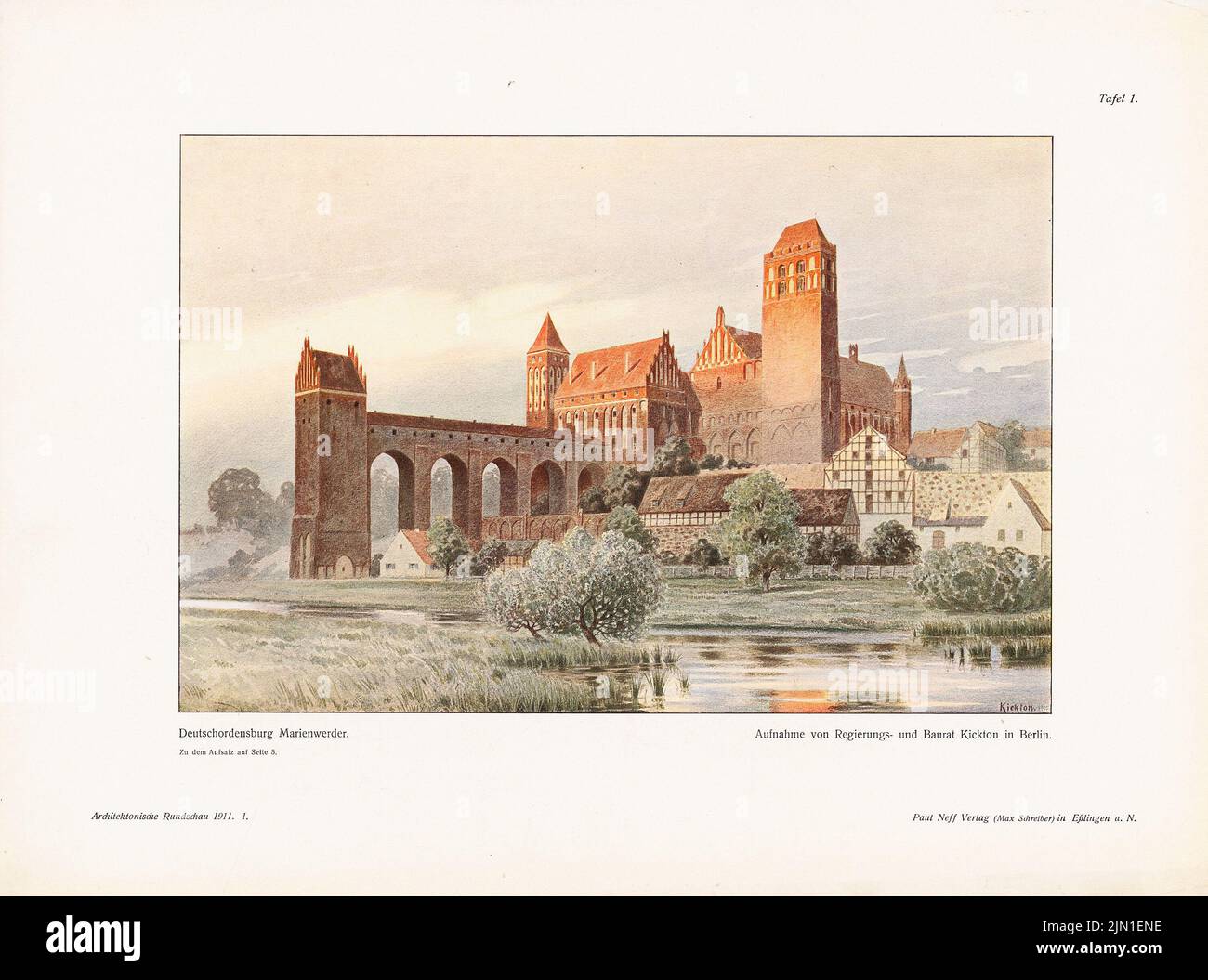 Kickton Arthur (1861-1944), Deutschordsburg Marienburg. (Depuis : l'architecte. Rundschau, éd. V. Eisenlohr & Weigle, 1911) (1911-1911): Perspective View. Impression couleur sur papier, 28,7 x 38,6 cm (y compris les bords de numérisation) Kickton Arthur (1861-1944): Deutschordensburg Marienwerder. (AUS : archiekt. Rundschau, hrsg.v. Eisenlohr & Weigle, 1911) Banque D'Images