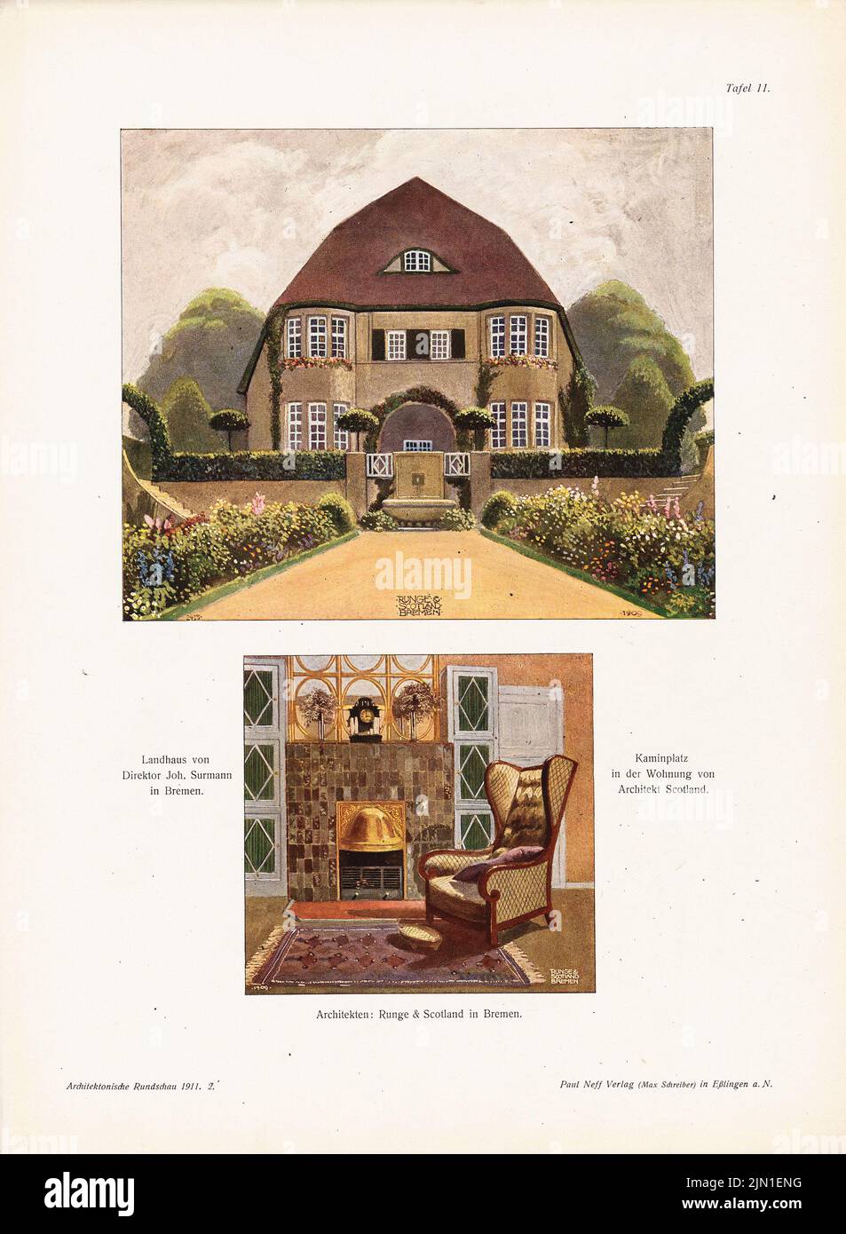 Runge & Scotland, maison de campagne par le réalisateur Joh. Surmann, Brême. Appartement de l'architecte Ecosse. (Depuis : l'architecte. Rundschau, éd. Imprimer en couleur sur papier, 39 x 28,6 cm (y compris les bords de balayage) Runge & Scotland : Landhaus von Direktor Joh. Surmann, Brême. Wohnung von Architekt Ecosse. (AUS : archiekt. Rundschau, hrsg.v. Eisenlohr & Weigle, 1911) Banque D'Images