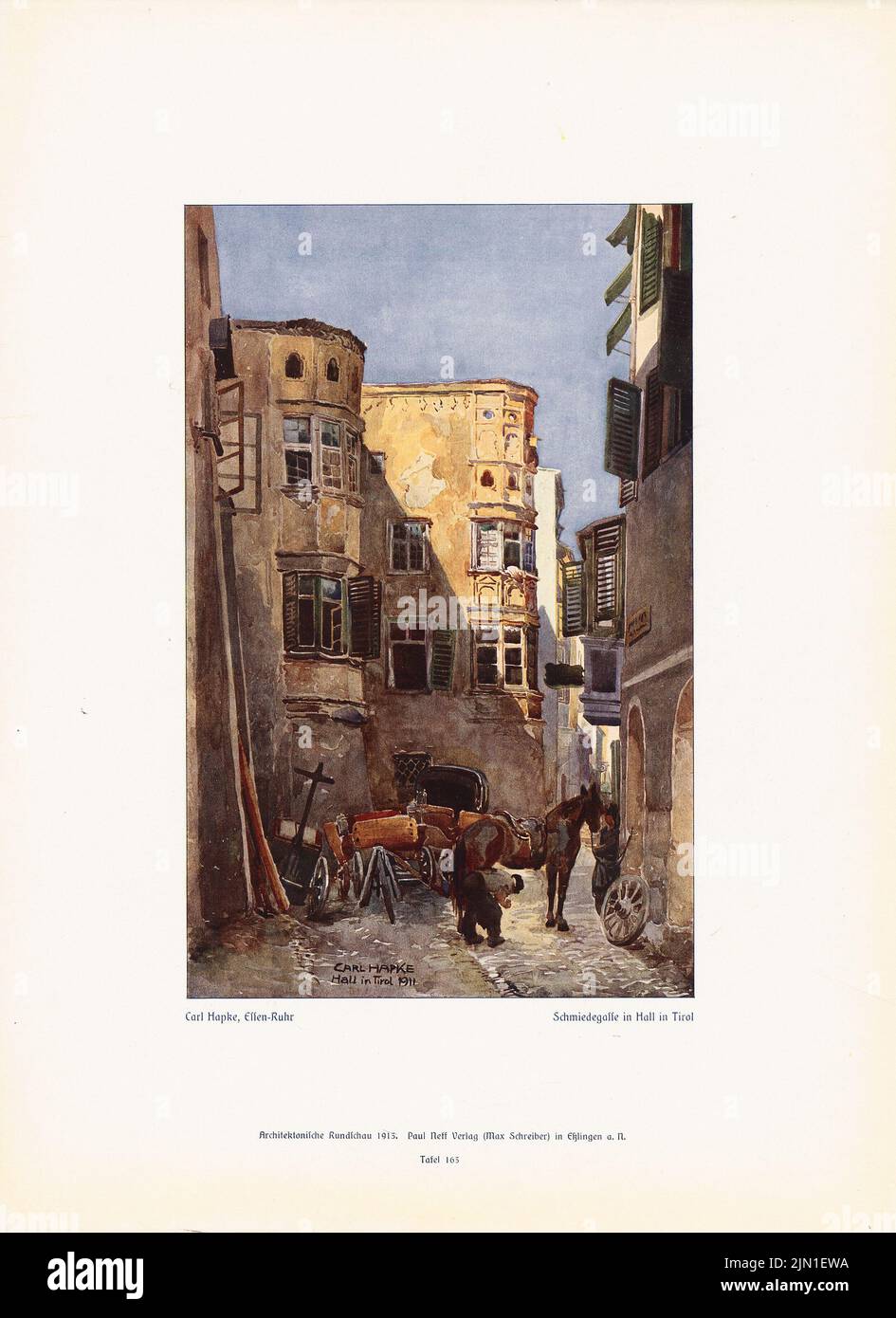 Hapke Carl, Schmiedegasse, Hall. (Depuis : l'architecte. Rundschau, éd. V. Eisenlohr & Weigle, 1913) (1911): Perspective View. Impression couleur sur papier, 38,9 x 28,3 cm (y compris les bords de numérisation) Hapke Carl : Schmiedegasse, Hall. (AUS : archiekt. Rundschau, hrsg.v. Eisenlohr & Weigle, 1913) Banque D'Images