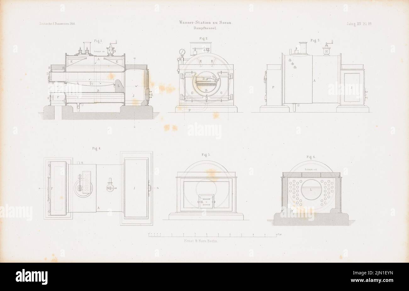 N.N., station d'eau, Sorau. (De : Atlas to the magazine for Building, éd. V. G. Erbkam, né le 14, 1864.) (1864-1864): Vues, coupes, détails chaudière à vapeur. Coudre sur du papier, 29,2 x 45,4 cm (y compris les bords de numérisation) N. : Wasserstation, Sorau. (AUS: Atlas zur Zeitschrift für Bauwesen, hrsg. V. G. Erbkam, JG. 14, 1864) Banque D'Images