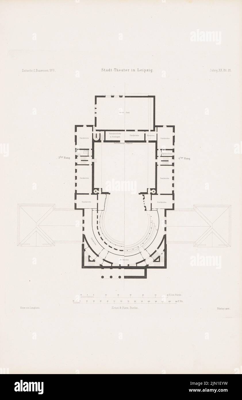 Langhans Carl Ferdinand (1782-1869), Stadttheater, Leipzig. (De : Atlas to the magazine for Building, éd. V. G. Erbkam, né le 20, 1870.) (1870-1870): Grundliss 3rd, 4th place. Couture sur papier, 44 x 28,5 cm (y compris les bords de balayage) Langhans Carl Ferdinand (1782-1869): Stadttheater, Leipzig. (AUS: Atlas zur Zeitschrift für Bauwesen, hrsg. V. G. Erbkam, JG. 20, 1870) Banque D'Images