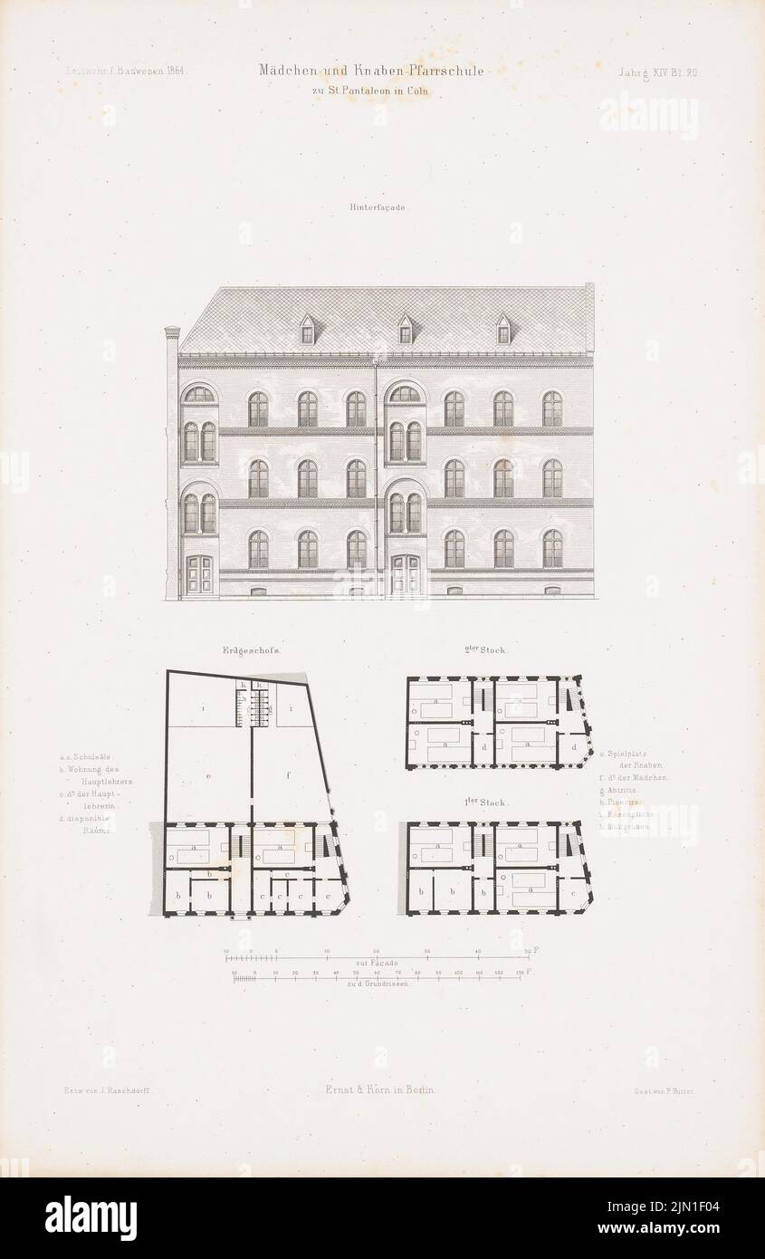 Raschdorff Julius (1823-1914), école paroissiale des filles et des garçons à Saint-Panthaleon, Cologne. (De : Atlas au magazine for Building, éd. V. G. Erbkam, JG. 14, 1864.) (1864-1864): Grundriss EG, 1st étages, 2nd étages, vue. Couture sur papier, 45 x 29,3 cm (y compris les bords de balayage) Raschdorff Julius (1823-1914): Mädchen- und Knaben-Pfarrschule zu St. Panthaleon, Köln. (AUS: Atlas zur Zeitschrift für Bauwesen, hrsg. V. G. Erbkam, JG. 14, 1864) Banque D'Images