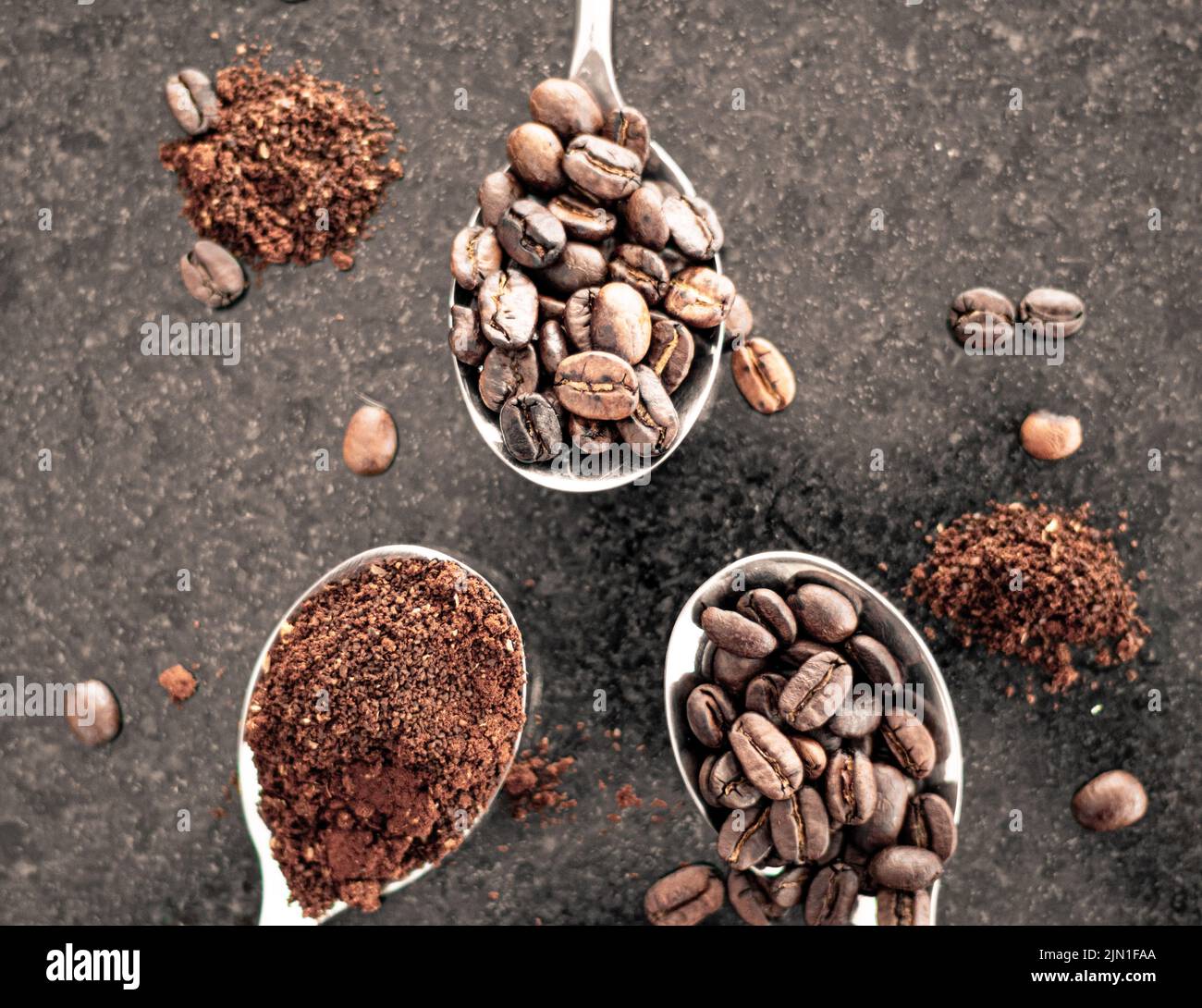Un gros plan de grains de café et de café moulu sur des cuillères Banque D'Images