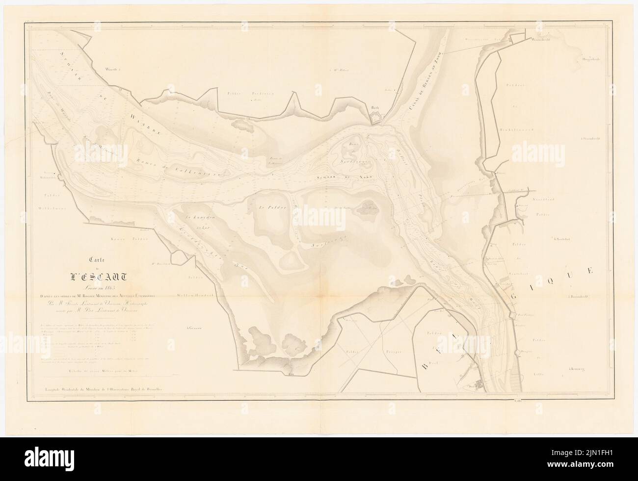 N.N., carte hydrographique de Zeeland (1863): Seekarte le fairway Westerschelde près de Bath, bar à échelle. Pression sur le papier, 82 x 119,6 cm (y compris les bords de numérisation) N. : Hydrografische Karte von Zeeland Banque D'Images