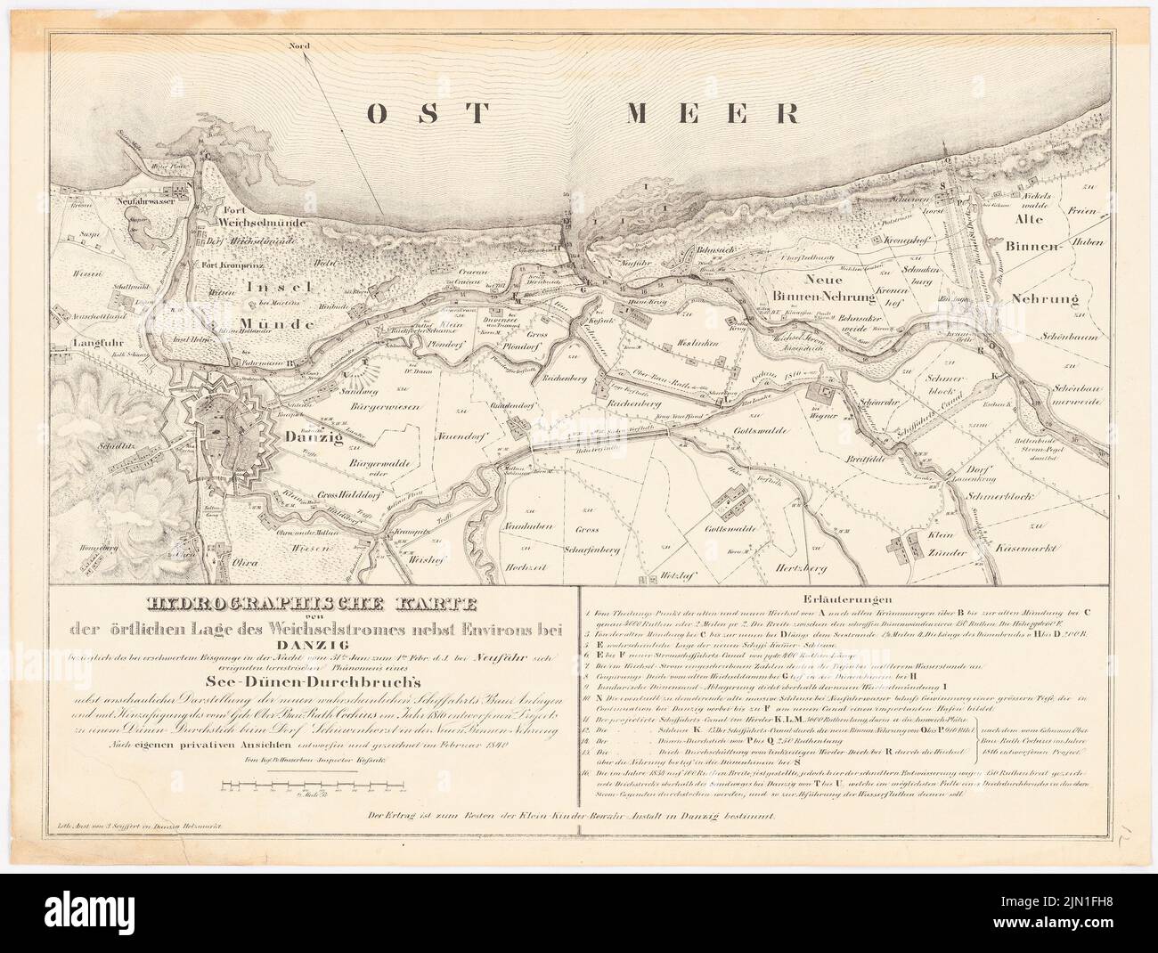 N.N., carte hydrographique de l'emplacement local du courant de Vistule avec Environ à Gdansk (02,1840): Carte, barre d'échelle. Pression sur le papier, 39,6 x 52,6 cm (y compris les bords de numérisation) N. : Hydrografische Karte der örtlichen Lage des Weichselstromes nebst environs BEI Danzig Banque D'Images