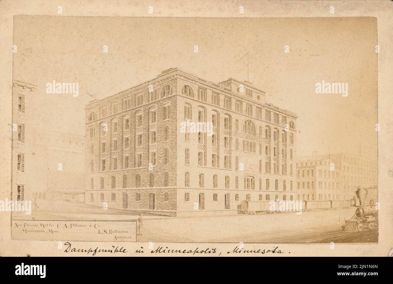 Buffington Leroy S. (1847-1931), Pillsbury »A« Mill, Minneapolis/Minnesota (1880-1881): Perspective View. Photo sur carton, 10,6 x 16,3 cm (y compris les bords de balayage) Buffington LeRoy S. (1847-1931): Pillsbury »A« Mill , Minneapolis/Minnesota Banque D'Images