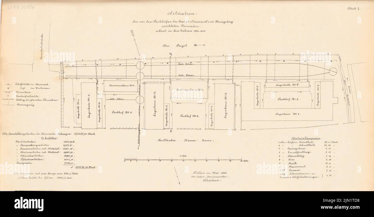 N.N., Kaimauer devant les paquets du bureau principal des impôts, Königsberg (05,1885): Département 1: 500. Lithographie sur papier, 32,5 x 63,3 cm (y compris les bords de numérisation) N.N. : Kaimaer vor den Packhöfen des Hauptsteueramtes, Königsberg Banque D'Images