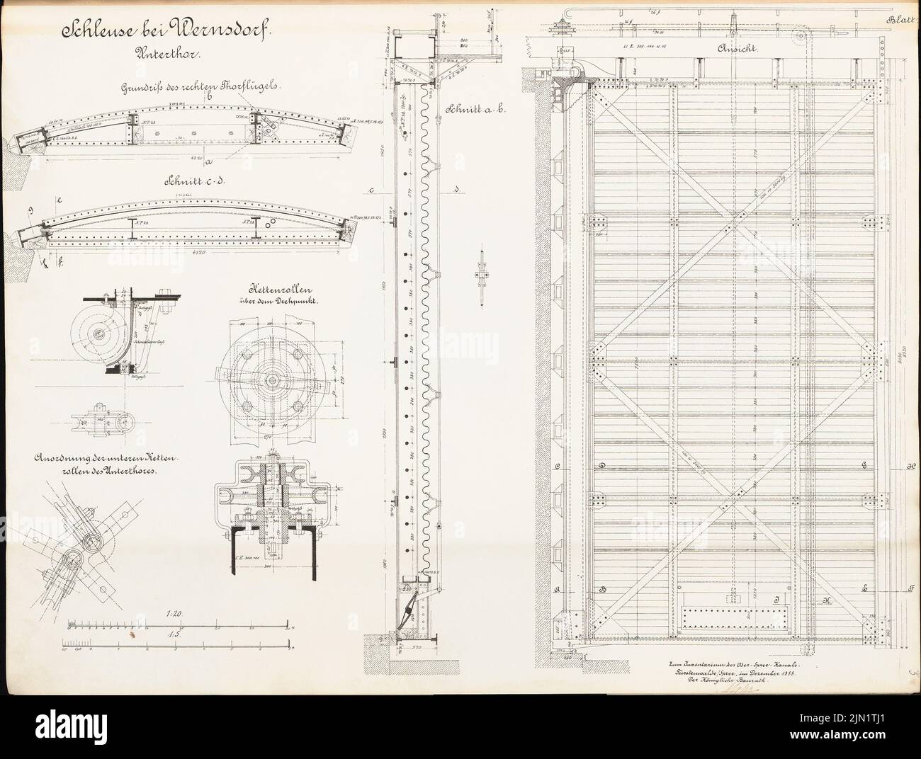 N.N., Schleuse, Wernsdorf (12,1888): Untertor: Plan d'étage, vue, coupes, détails 1:20, 1: 5. Lithographie sur papier, 49,3 x 65,2 cm (y compris les bords de numérisation) N.N. : Oder-Spree-Kanal. Schleuse, Wernsdorf Banque D'Images