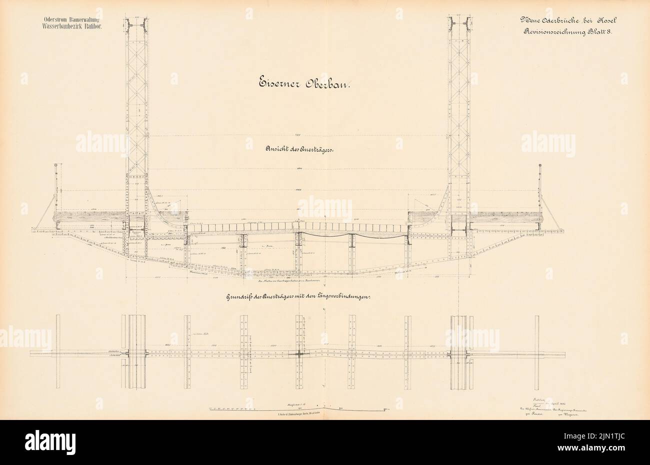 N.N., Neue Oderbrücke, Cosel (04,1886): Eiserner Oberbau: Vue, plan d'étage 1:15. Lithographie sur papier, 62,8 x 97,2 cm (y compris les bords de numérisation) N.N. : Neue Oderbrücke, Cosel Banque D'Images