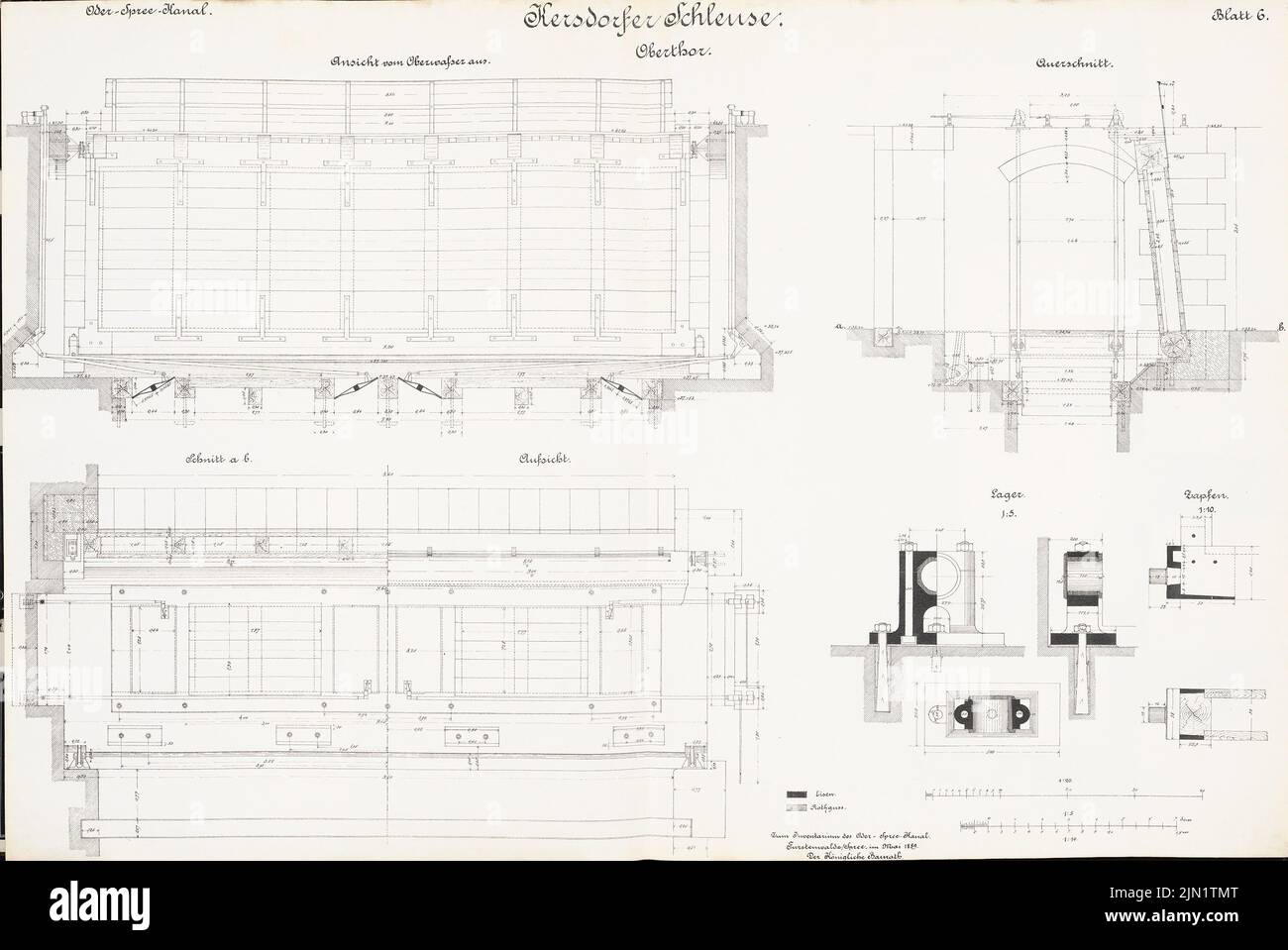 N.N., Schleuse, Kersdorf (05,1889): Obertor: Vue, supervision, coupures, détails 1:20, 1:10, 1 : 5. Lithographie sur papier, 65,2 x 97,5 cm (y compris les bords de numérisation) N.N. : Oder-Spree-Kanal. Schleuse, Kersdorf Banque D'Images