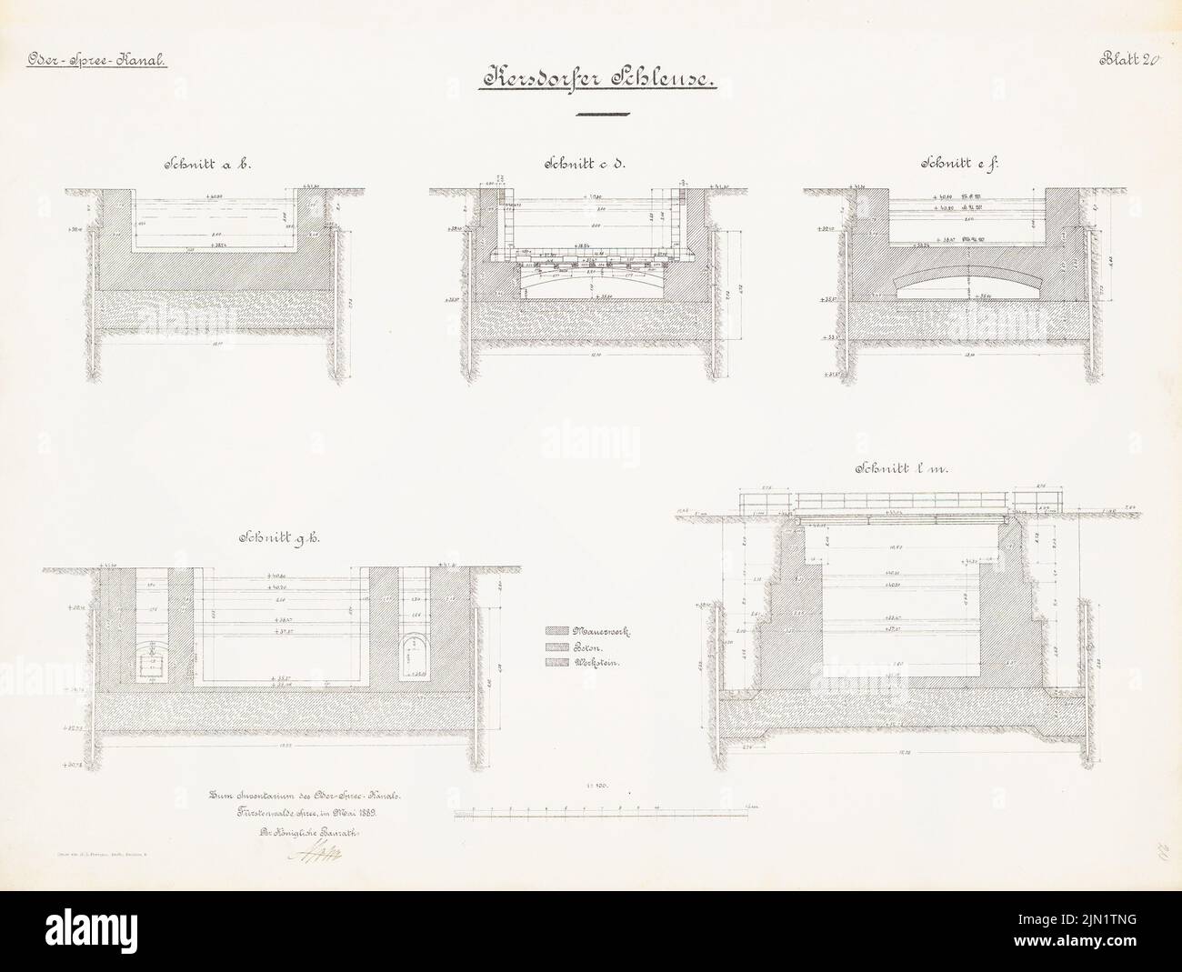 N.N., Schleuse, Kersdorf (05,1889): Coupes 1: 100. Lithographie sur papier, 48,4 x 64,2 cm (y compris les bords de numérisation) N.N. : Oder-Spree-Kanal. Schleuse, Kersdorf Banque D'Images