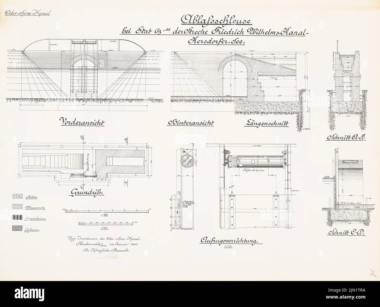 N.N., écluse indulgence dans le canal Oder-Spree sur la route entre le canal Friedrich-Wilhelm et Kersdorfer Voir (01,1889): État 63 + 44: Vues, plan d'étage, coupures 1:50, 1:10, dispositif d'ascenseur. Lithographie sur papier, 47,8 x 64,6 cm (y compris les bords de numérisation) N.N. : Oder-Spree-Kanal. Ablassschleuse auf der Strecke zwischen Friedrich-Wilhelm-Kanal und Kersdorfer Voir Banque D'Images