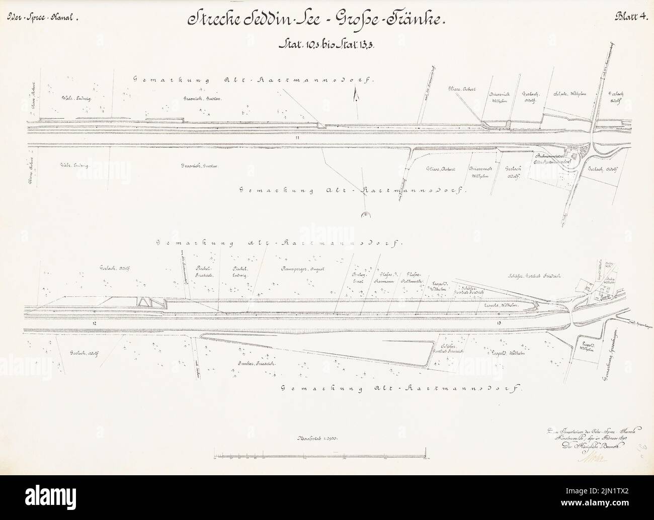 N.N., canal Oder-Spree. Route Seddinsee à Große Tänke (02,1890): État 10,3 - 13,3: Plan du site 1: 2500. Lithographie sur papier, 47,1 x 64,8 cm (y compris les bords de numérisation) N.N. : Oder-Spree-Kanal. Strecke Seddinsee bis Große Tränke Banque D'Images