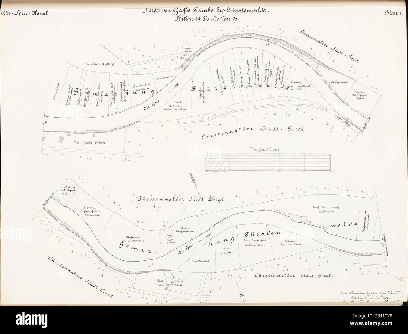 N.N., canal Oder-Spree. Route des grandes potions vers Fürstenwalde/Spree (07,1890): État 24,0 - 27,0: Plan du site 1: 2500. Lithographie sur papier, 49,1 x 65,4 cm (y compris les bords de numérisation) N.N. : Oder-Spree-Kanal. Schlösstraße Tänke bis Fürstenwalde/Spree Banque D'Images