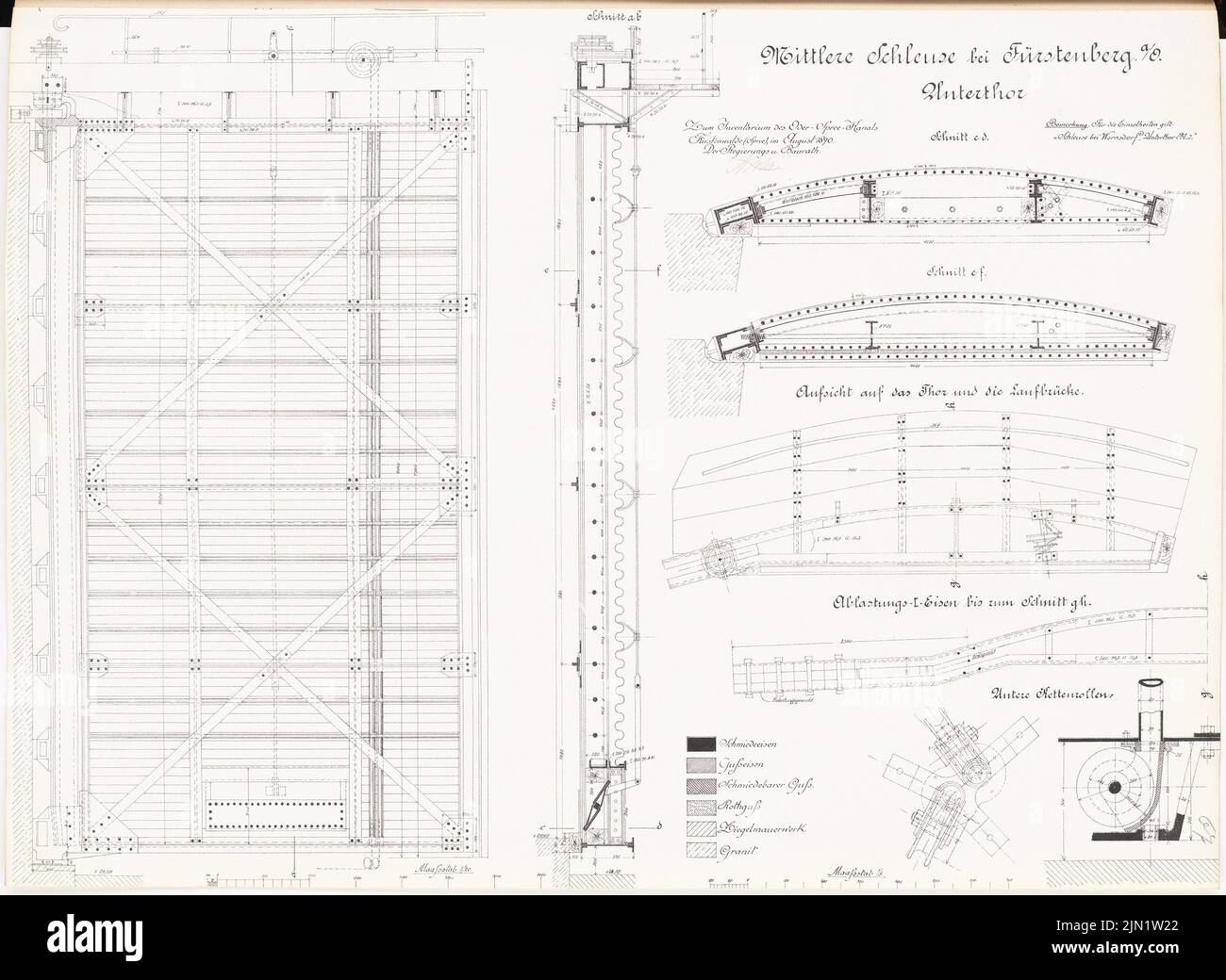 N.N., canal Oder-Spree. Moyen Schleuse, Fürstenberg/or (08,1890): Untertor: Supervision, coupes 1:20, 1:5. Lithographie sur papier, 48,2 x 65,9 cm (y compris les bords de numérisation) N.N. : Oder-Spree-Kanal. Mittlere Schleuse, Fürstenberg/Oder Banque D'Images