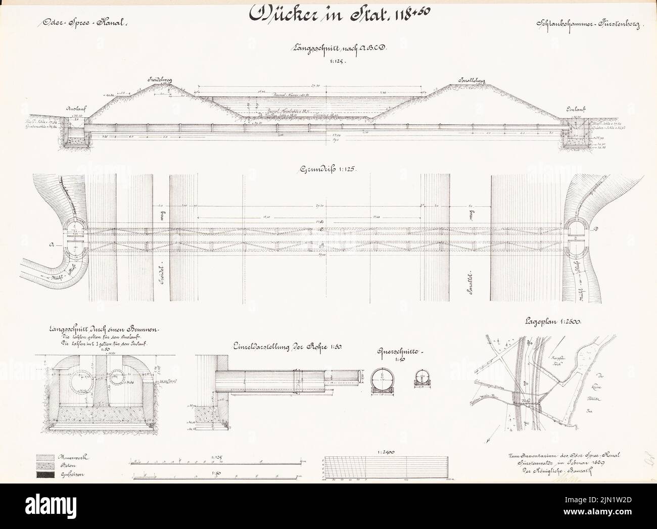 N.N., canal Oder-Spree. DEKER en mode stat. 118 sur la route entre Schlaubehammer et Fürstenberg/or (02,1889): Plan d'étage, coupes, plan d'emplacement 1: 125, 1:50, 1: 2500. Lithographie sur papier, 47,8 x 65 cm (y compris les bords de numérisation) N.N. : Oder-Spree-Kanal. Düker in Statt. 118 auf der Strecke zwischen Schlaubehammer und Fürstenberg/Oder Banque D'Images