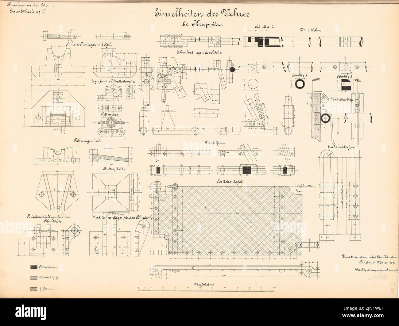 N.N., Canalisation de l'Oder. Schleuse, Krappitz (03,1894): Wehr: Détails 1: 5. Lithographie sur papier, 47,8 x 63,9 cm (y compris les bords de numérisation) N.N. : Kanalisierung der Oder. Schleuse, Krappitz Banque D'Images