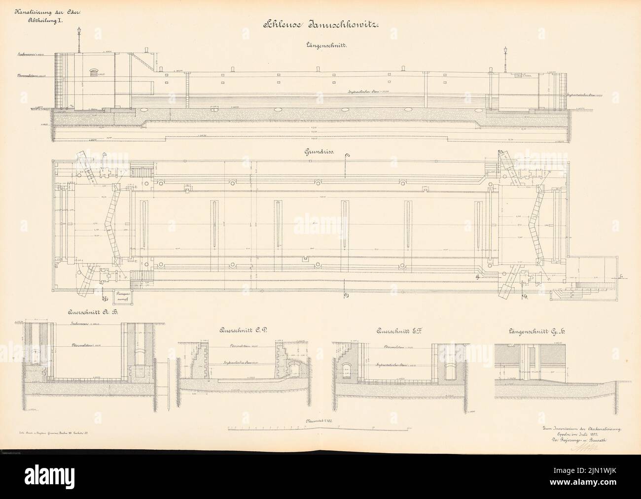 N.N., Canalisation de l'Oder. Schleuse, Januschkowitz (07,1893): Plan de plancher, coupes 1 : 100. Lithographie sur papier, 64,8 x 91,3 cm (y compris les bords de numérisation) N.N. : Kanalisierung der Oder. Schleuse, Januschkowitz Banque D'Images N.N., Canalisation de l'Oder. Schleuse, Januschkowitz (07,1893): Plan de plancher, coupes 1 : 100. Lithographie sur papier, 64,8 x 91,3 cm (y compris les bords de numérisation) N.N. : Kanalisierung der Oder. Schleuse, Januschkowitz Banque D'Images