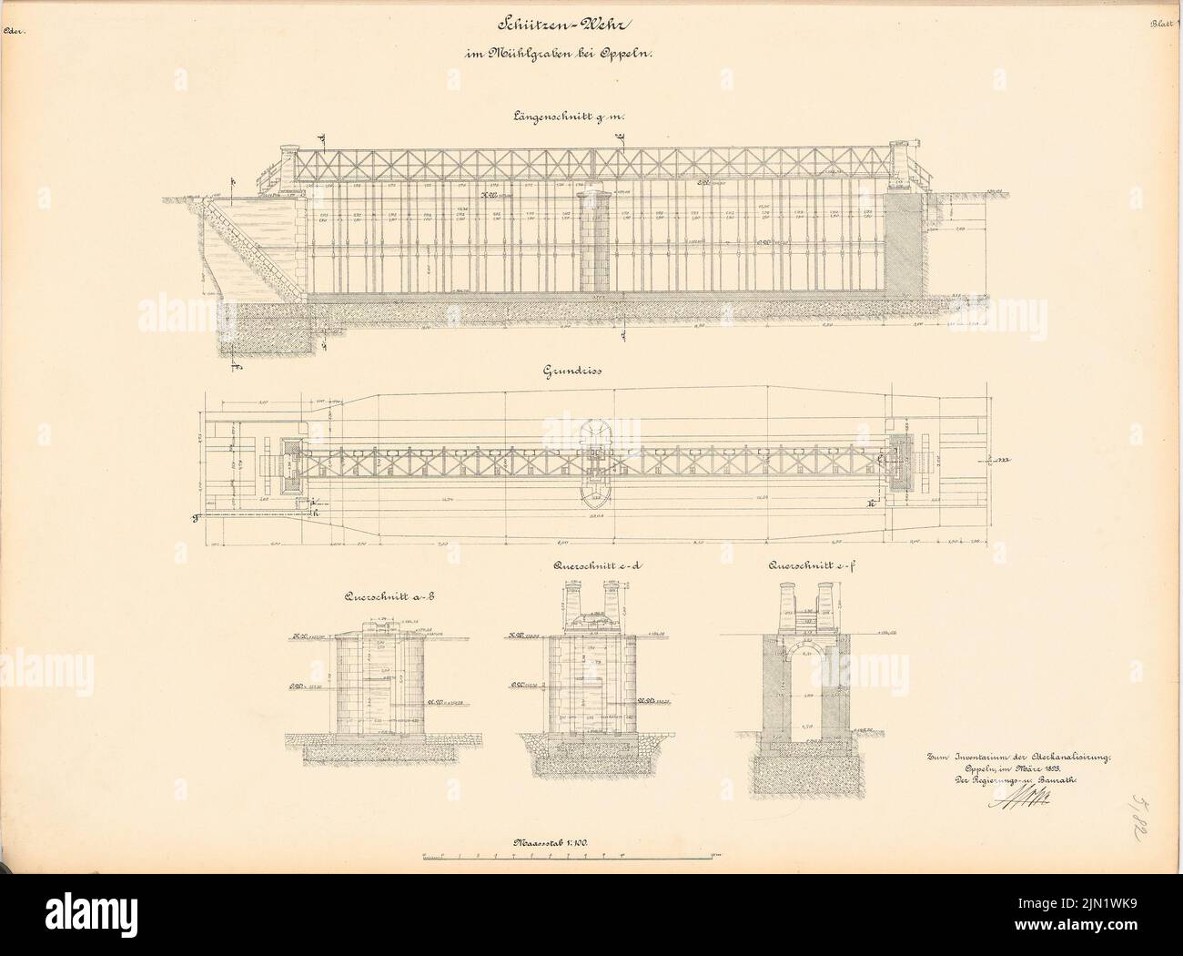 N.N., Canalisation de l'Oder. Schleuse, Oppeln (03,1893): Wehr dans le Mühlgraben: Plan d'étage, coupes 1: 100. Lithographie sur papier, 47,8 x 64,8 cm (y compris les bords de numérisation) N.N. : Kanalisierung der Oder. Schleuse, Oppeln Banque D'Images