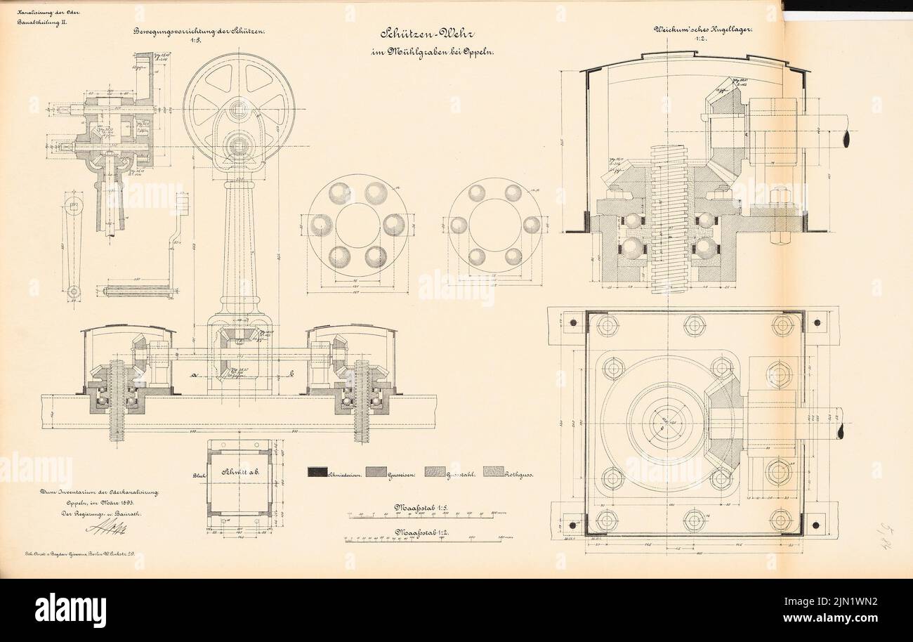N.N., Canalisation de l'Oder. Schleuse, Oppeln (03,1893): Wehr dans le Mühlgraben: Coupures, détails des dispositifs de mouvement 1: 5, 1: 2. Lithographie sur papier, 47,4 x 74,7 cm (y compris les bords de numérisation) N.N. : Kanalisierung der Oder. Schleuse, Oppeln Banque D'Images