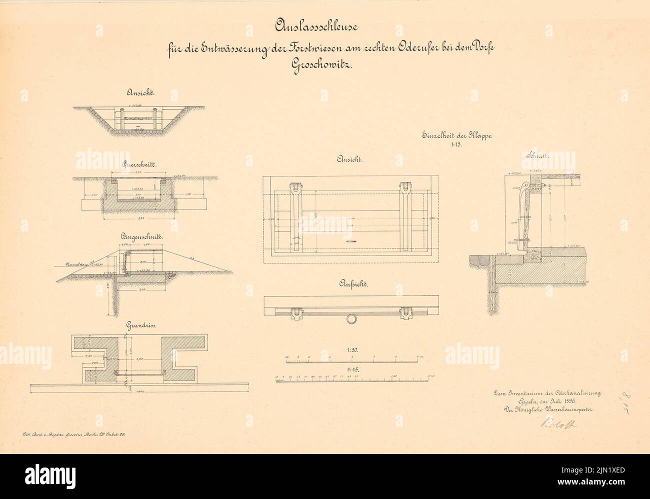 N.N., Canalisation de l'Oder. Écluse d'Exercae, Groschowitz: Porte d'explane pour le drainage des prés forestiers: Vues, supervision, plan d'étage, coupes 1:50, 1; 15. Lithographie sur papier, 41,6 x 59,5 cm (y compris les bords de numérisation) N. N. : Kanalisierung der Oder. Auslassschleuse, Groschowitz Banque D'Images