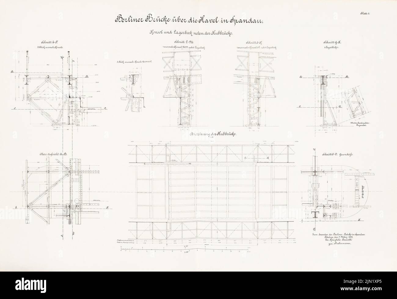 N.N., pont de Berlin au-dessus de la Havel, Berlin-Spandau: Disposition du pont de levage: Supervision, coupures 1:50. Lithographie sur papier, 63,6 x 92,7 cm (y compris les bords de numérisation) N.N. : Berliner Brücke über die Havel, Berlin-Spandau Banque D'Images