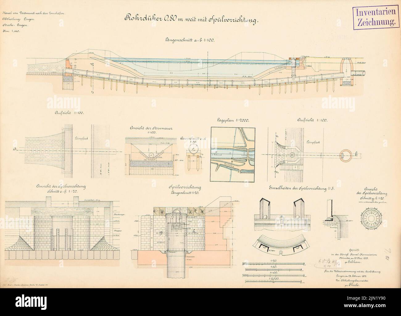 N.N., Dortmund-EMS-Canal. Rohrdüker 0,80 m de large avec dispositif de rinçage, Lingen: Plan du site 1: 2000, vues, supervision, coupes, détails 1: 100, 1:50, 1:20. Lithographie colorée sur papier, 49,7 x 69,2 cm (y compris les bords de numérisation) N.N. : Dortmund-EMS-Kanal. Rohrdüker 0,80 m weit mit Spülvorrichtung, Lingen Banque D'Images