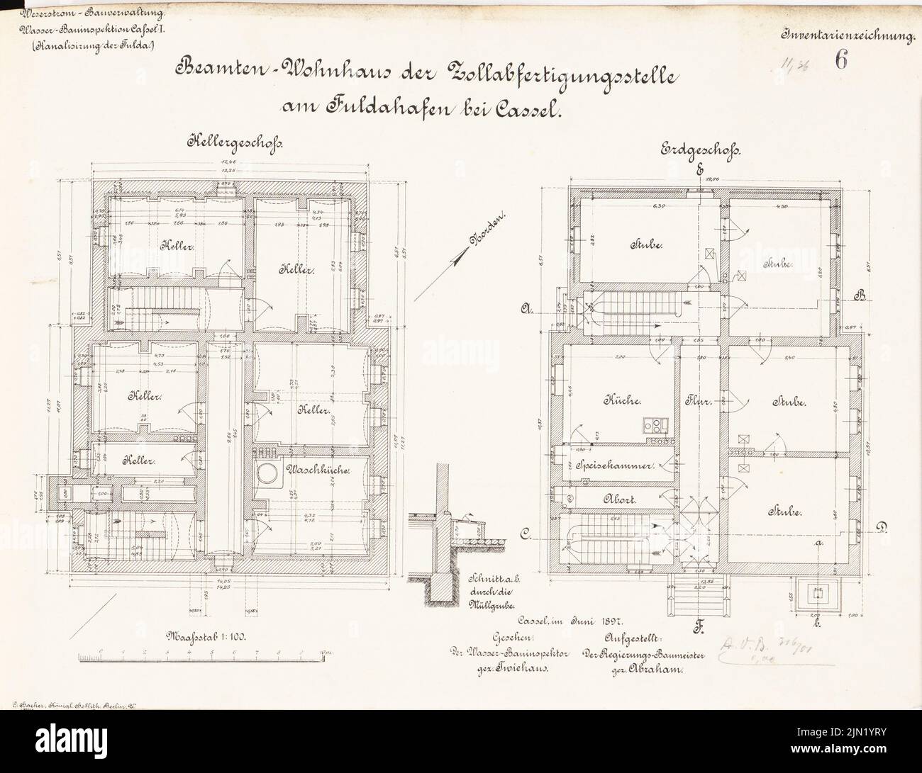 N.N., immeuble résidentiel des fonctionnaires du centre de dédouanement du port, Kassel: Grundrisse KG, EG 1: 100. Lithographie sur papier, 31,8 x 41,2 cm (y compris les bords de numérisation) N.N. : Beamtenwohnhaus der Zollabfertigungsstelle im Hafen, Kassel Banque D'Images