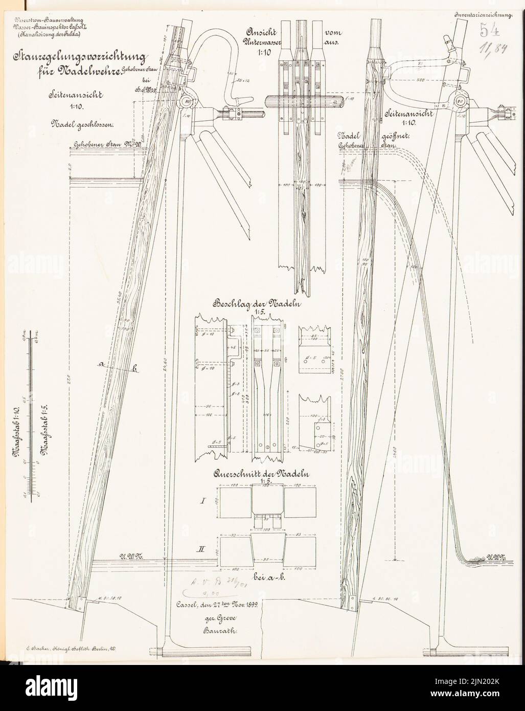 N.N., dispositif de stockage des conifères: Vues 1:10, section 1: 5. Lithographie sur papier, 41,6 x 32,9 cm (y compris les bords de numérisation) N.N. : Steuregelungsvorrichtung für Nadelwehre Banque D'Images